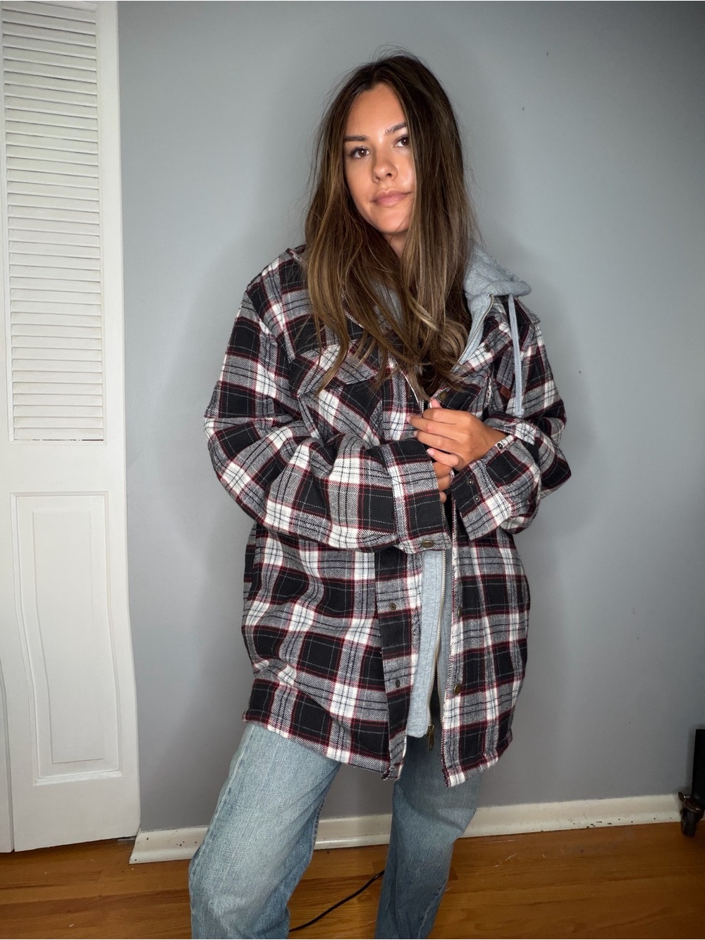 Black & White Plaid Utility Shacket Jacket - Women's